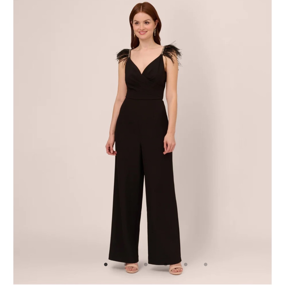 ADRIANNA PAPELL CREPE WIDE LEG JUMPSUIT WITH BEAD AND FEATHER ACCENTS BLACK 12